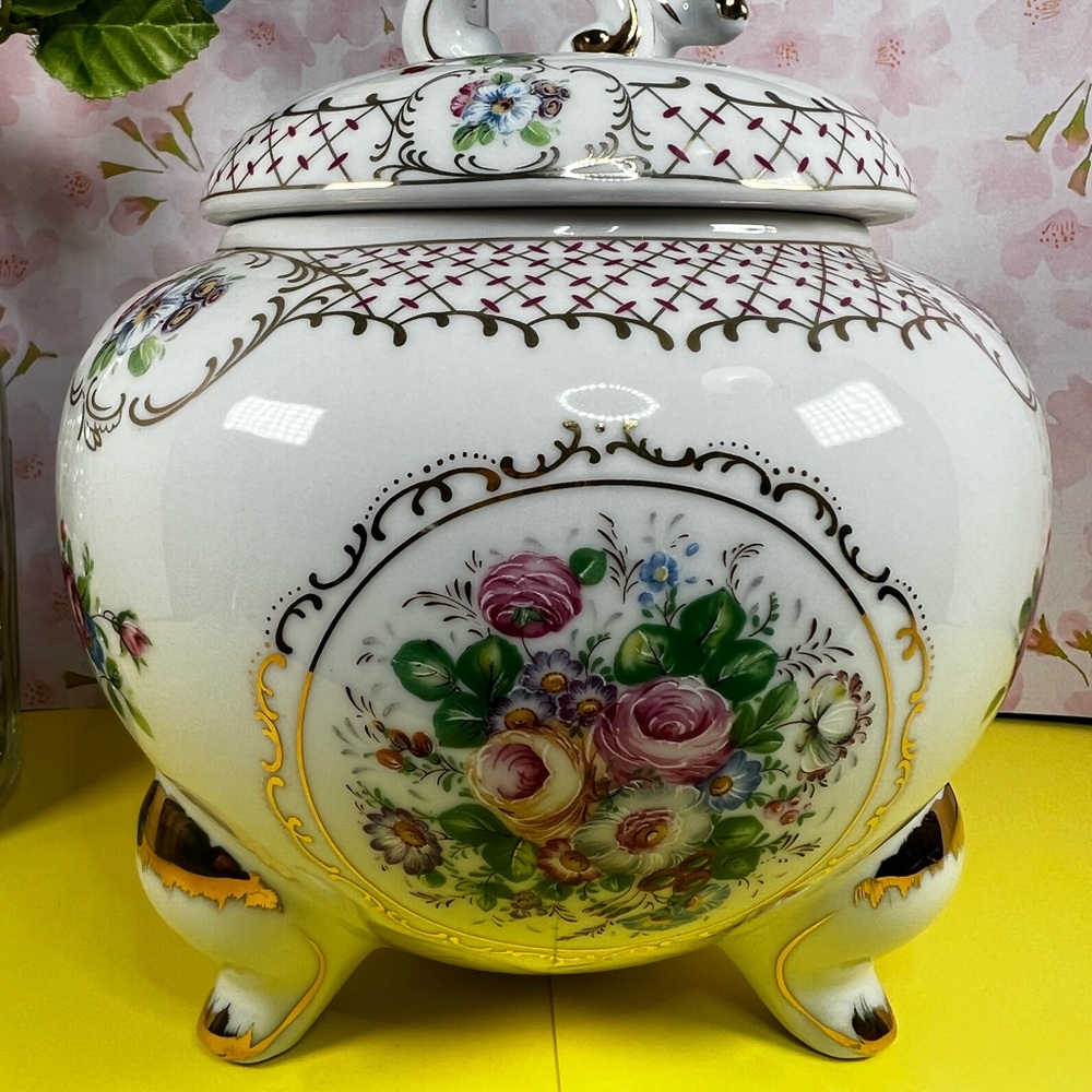 Rare Vintage Cookie Jar/Tea Cady - White with Gold Gild and Multicolor Accents